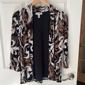 Dress Barn Black, Brown Floral Open front 3/4 Sleeve Cardigan Sz Large